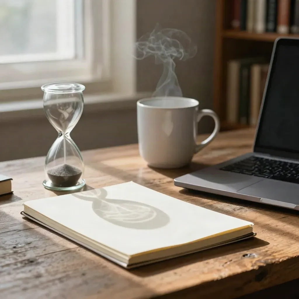 Quiet library desk with sand timer, blank notebook, closed laptop and mug in morning light.