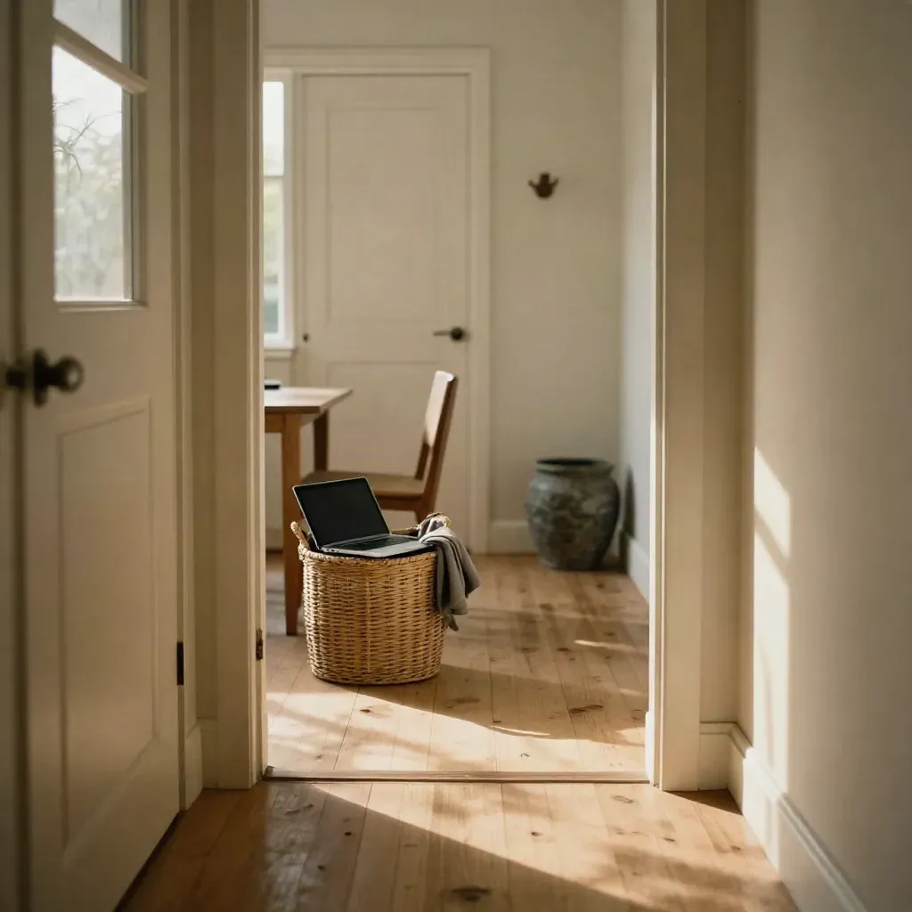 Quiet hallway landing with shut office door, closed laptop basket, pushed-in chair, and plant shadows at dusk.