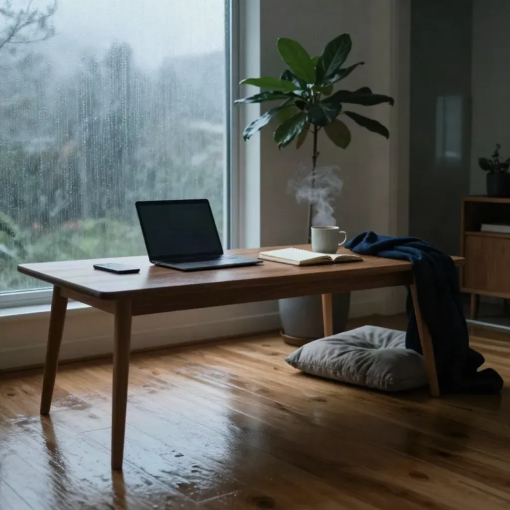 Rainy dawn home workspace with laptop, tea, plant, and meditation cushion