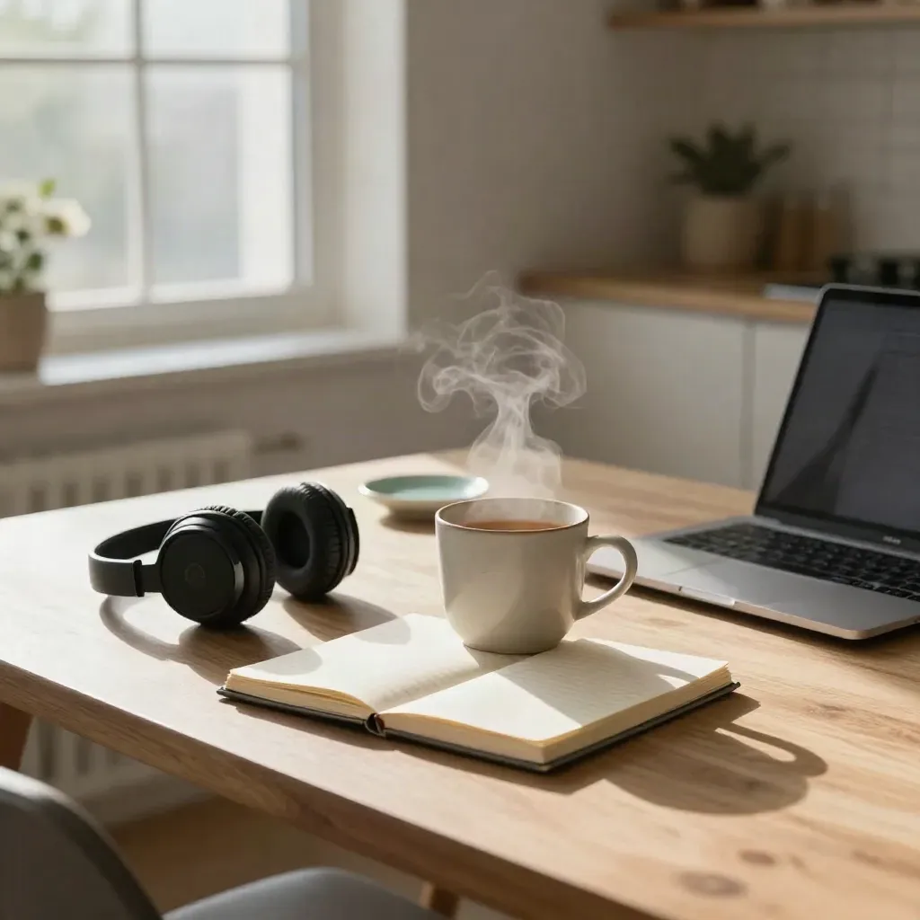 Steam rises from tea beside a notebook, headphones and closed laptop by a dawn window.