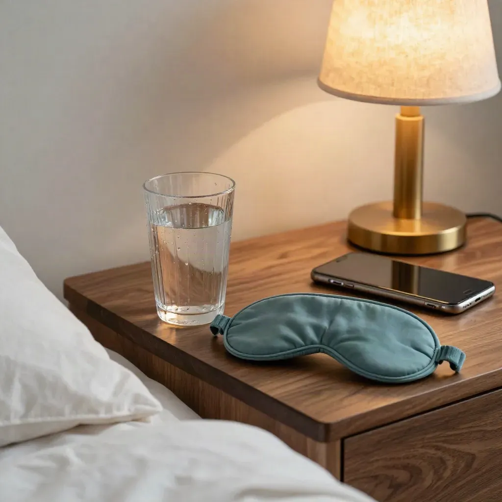 Bedside table at dawn with water glass, sleep mask, charging phone and glowing lamp.