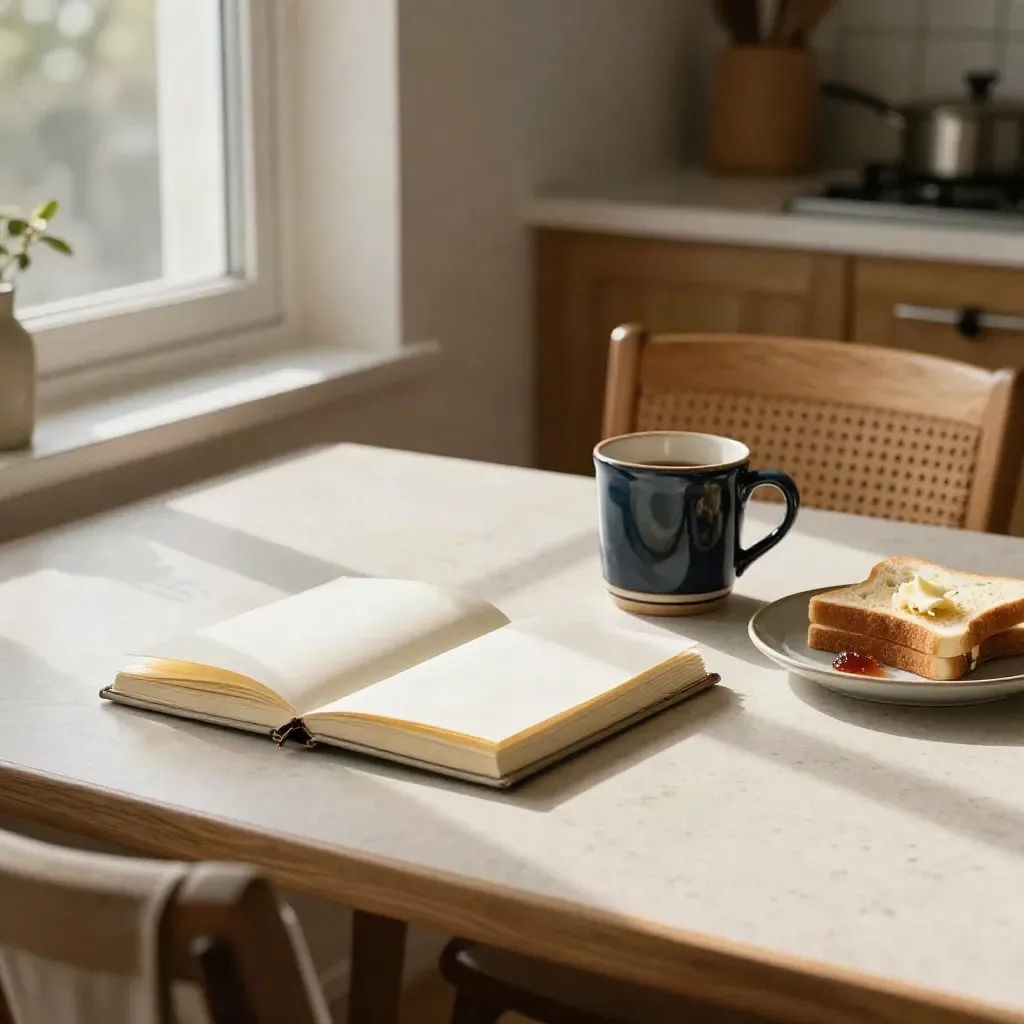 Sunlit breakfast nook with journal, navy mug, toast plate and pulled-back chair