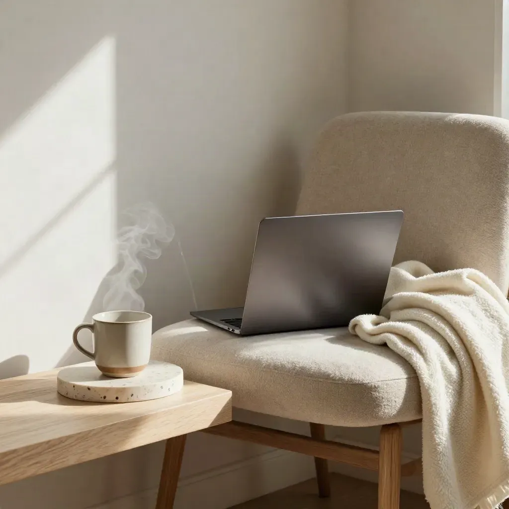 Quiet reset nook with chair, steaming mug, closed laptop and folded blanket in morning light.