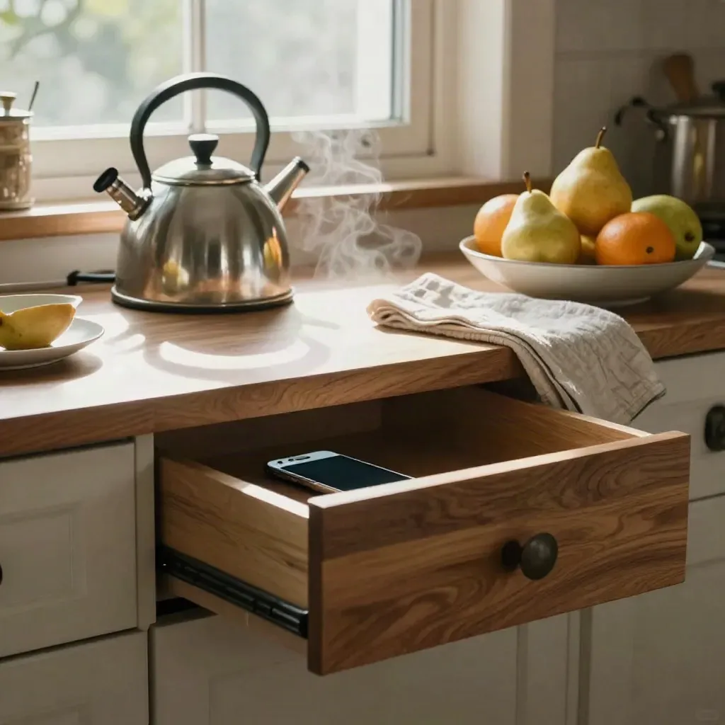 Kitchen counter with fruit, kettle, and a phone hidden in a drawer by a bright window.