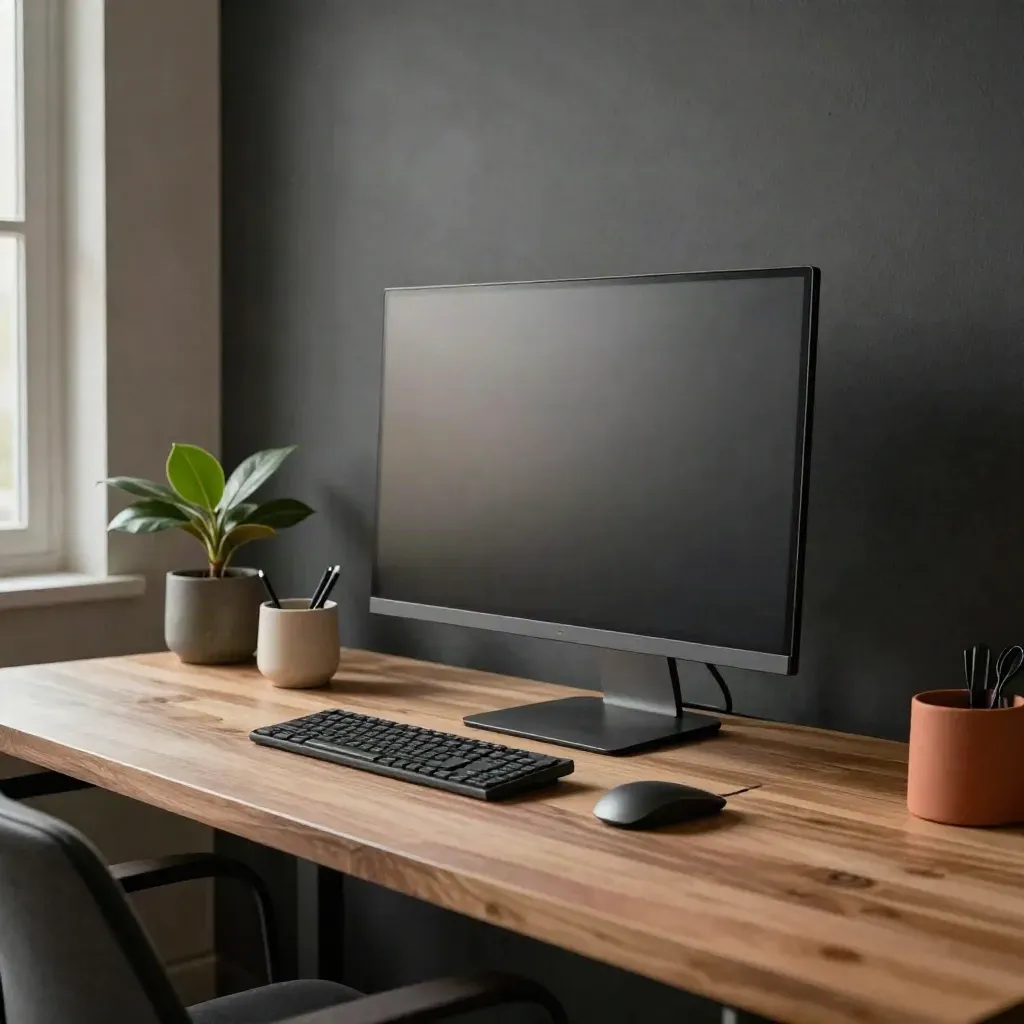 Low side view of a calm desk with a dark monitor, tucked chair, pen cup and plant in dusk light