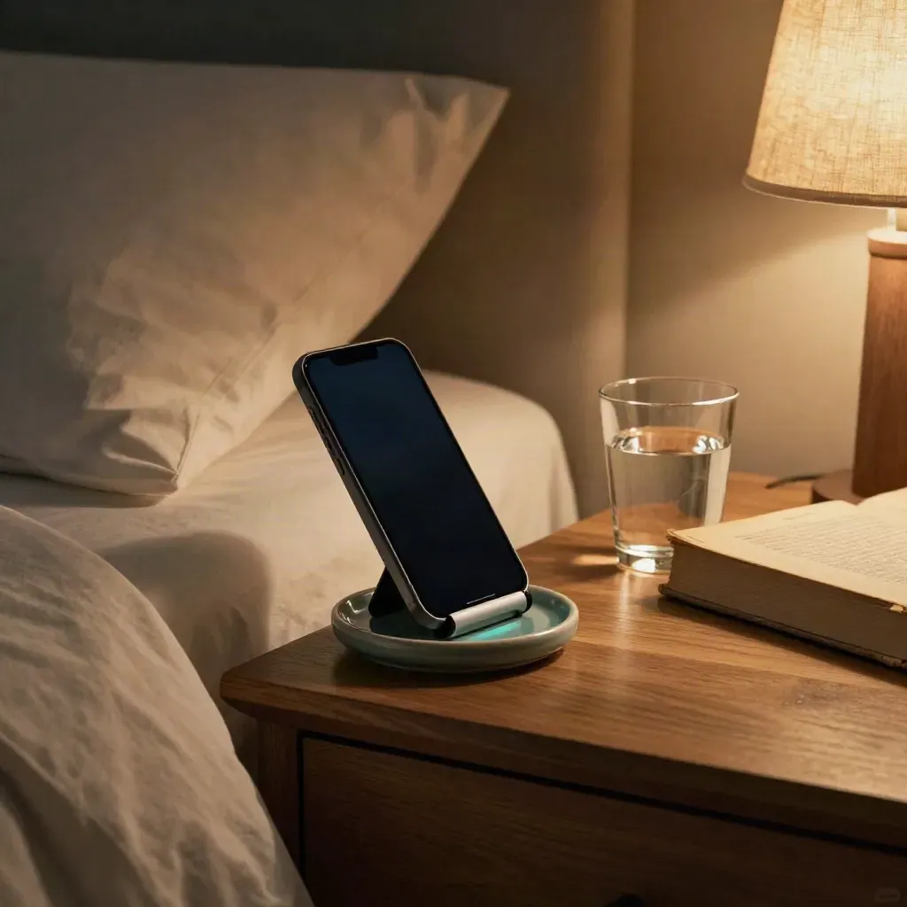 Bedside table with face-down phone dock, closed book, water glass and warm lamp glow.