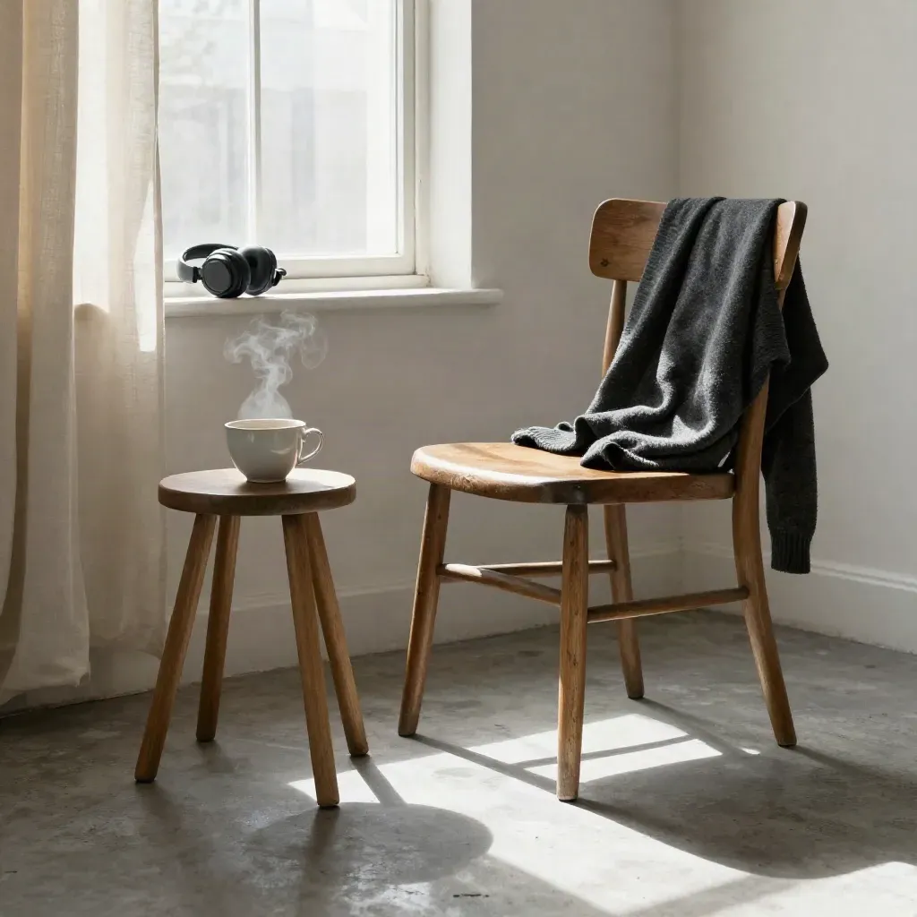 Recovery corner with chair, tea cup, cardigan, headphones, and moving curtain by a window.