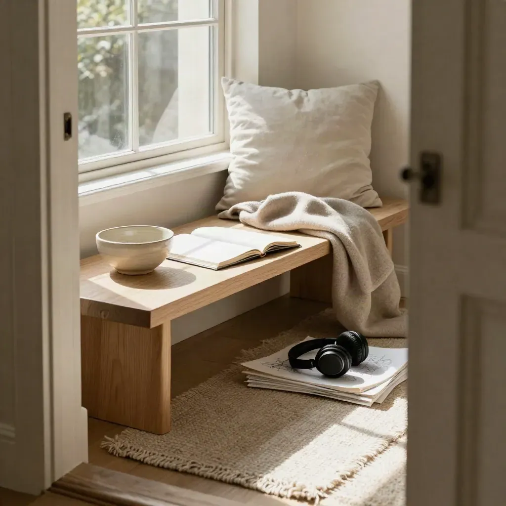 Sunlit creator nook with a blank sketchbook, ceramic bowl, throw, and headphones in a doorway view.