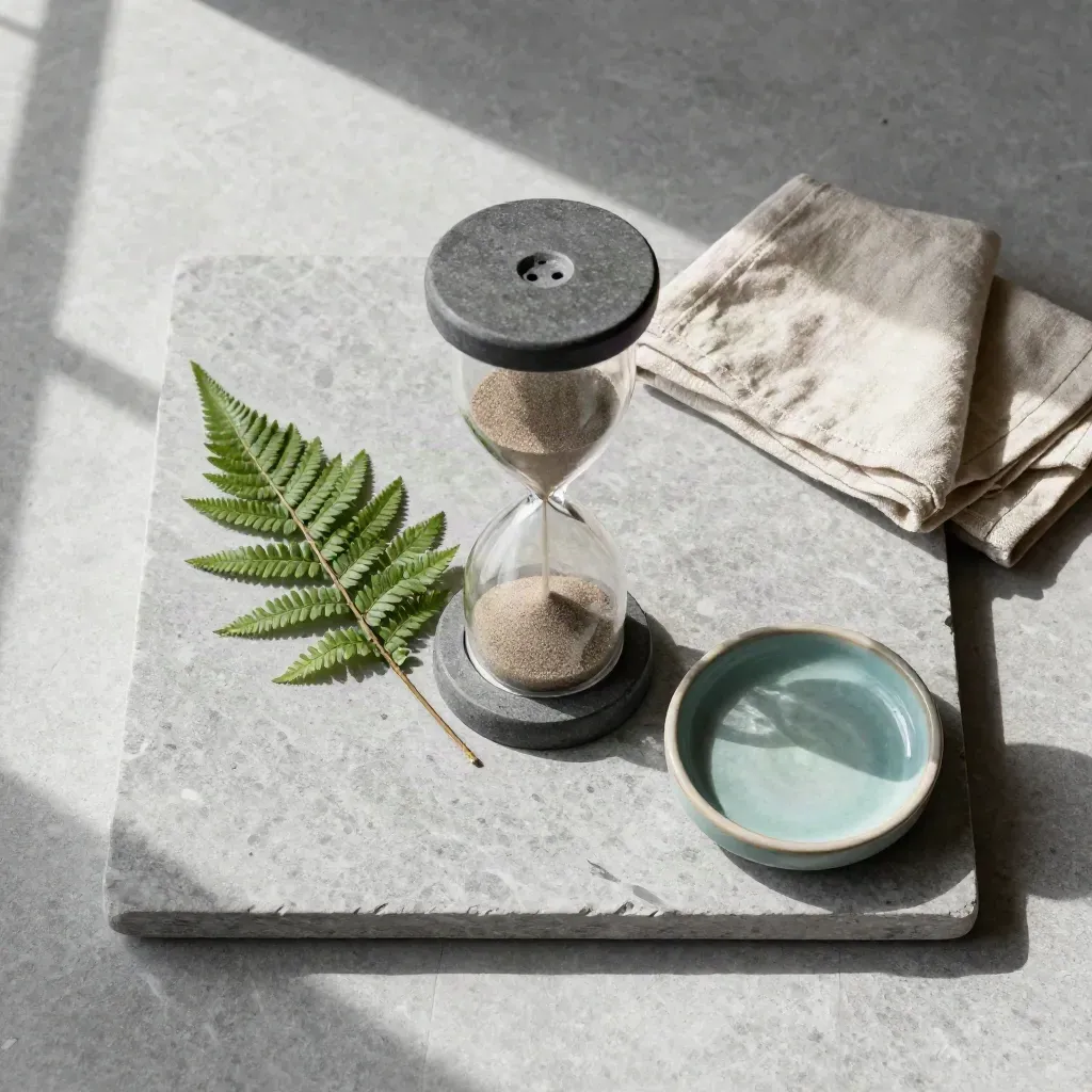 Hourglass, fern, linen cloth and ceramic dish on stone, lit from upper left.
