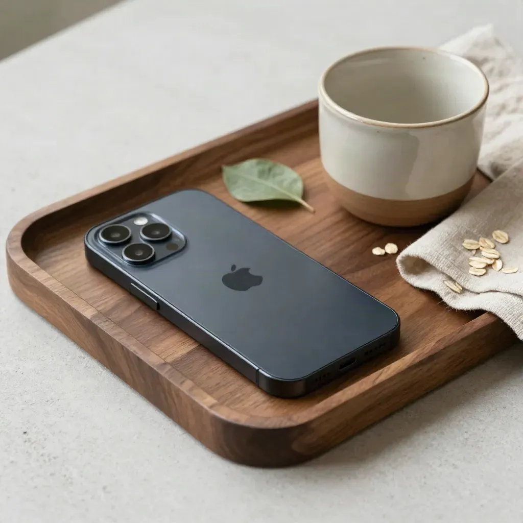 Dark phone on walnut tray with cup, cloth and leaf in calm daylight still life.
