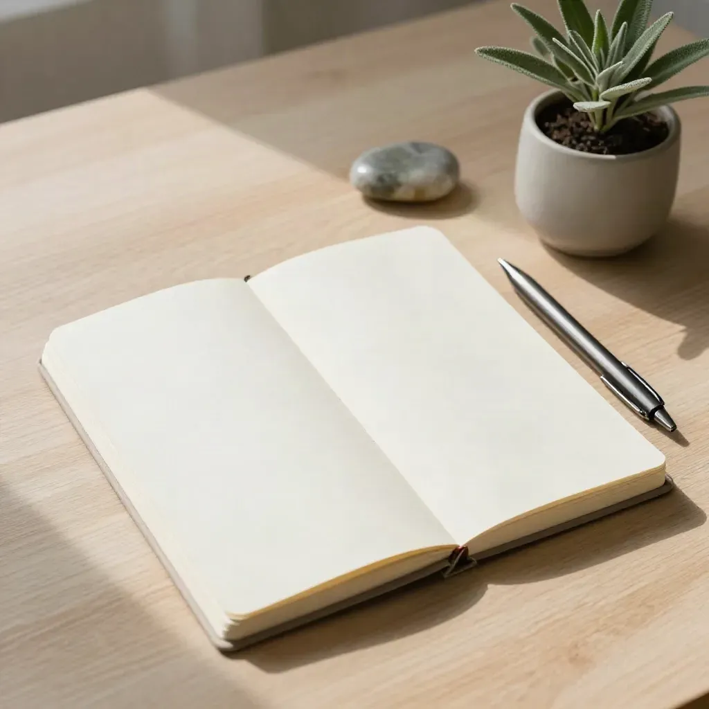 Blank notebook, slim pen, stone paperweight, and tiny plant on a pale wood desk in soft daylight.