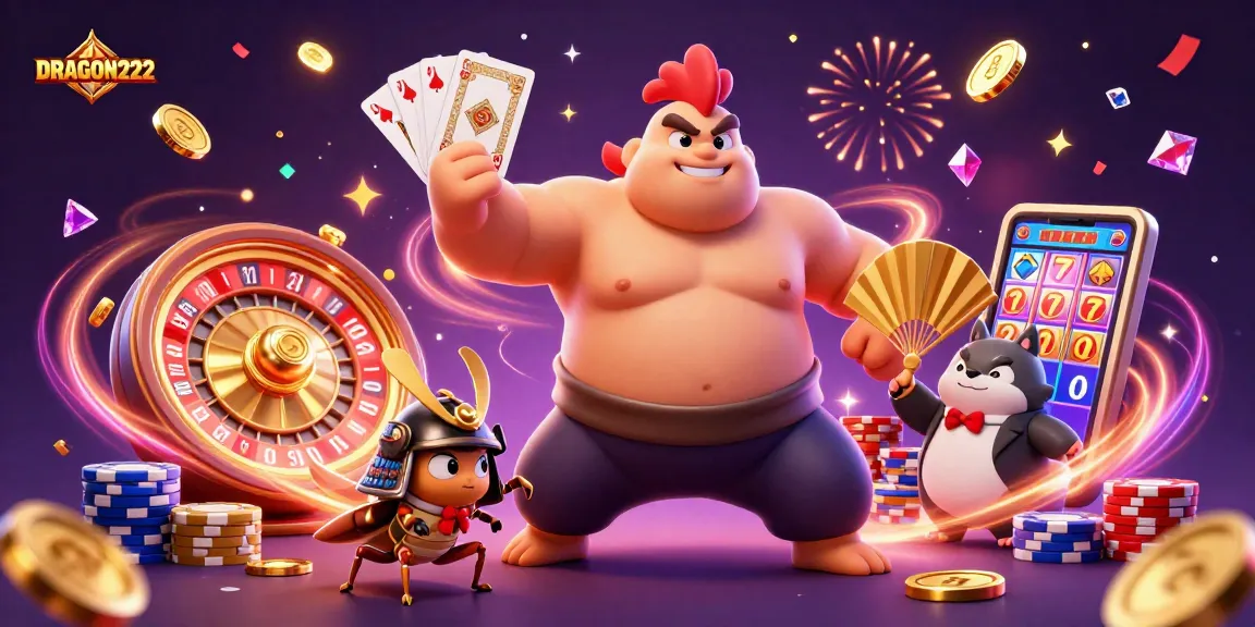 Experience thrilling gameplay with DRAGON222's sumo wrestler and samurai cricket amid vibrant casino elements.