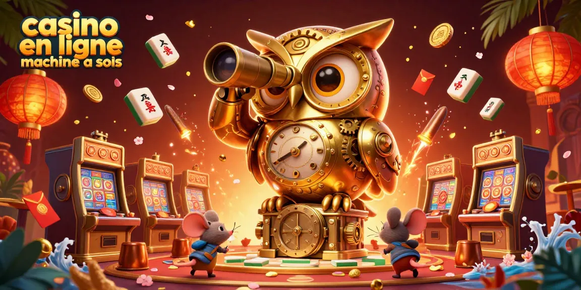 Découvrez l'univers captivant des machines à sous dans un casino en ligne, avec une chouette dorée et des petits personnages animés explorant les machines.