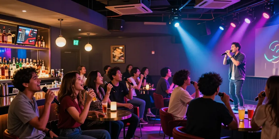 Guests singing joyfully at https://www.magic4karaoke.com/ in a lively karaoke bar setting.