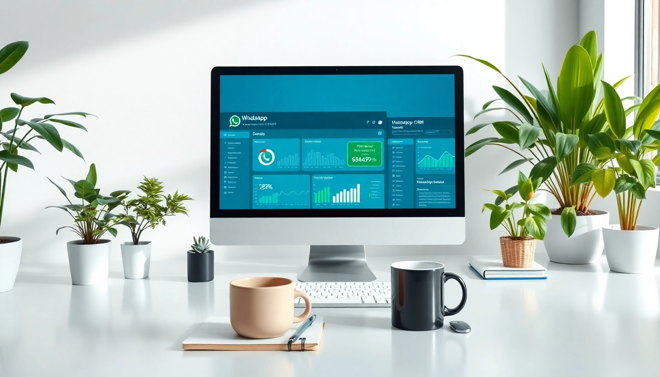 Visual of WhatsApp Business CRM interface on a workstation, emphasizing productivity.
