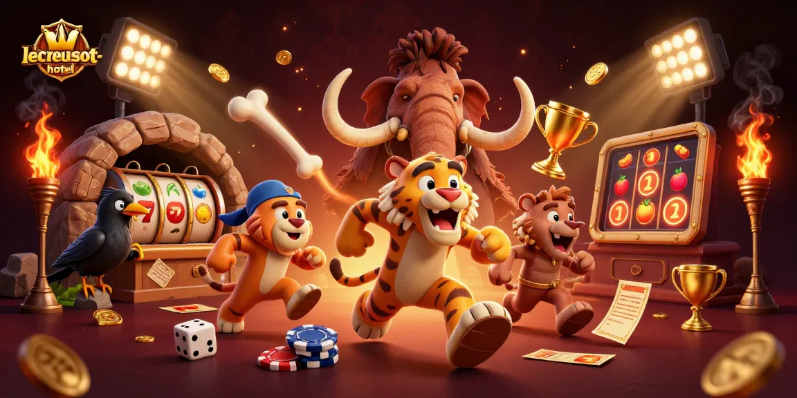 Engage with lecreusot-hotel's thrilling casino scene featuring dynamic spinning slot reels and vibrant characters.