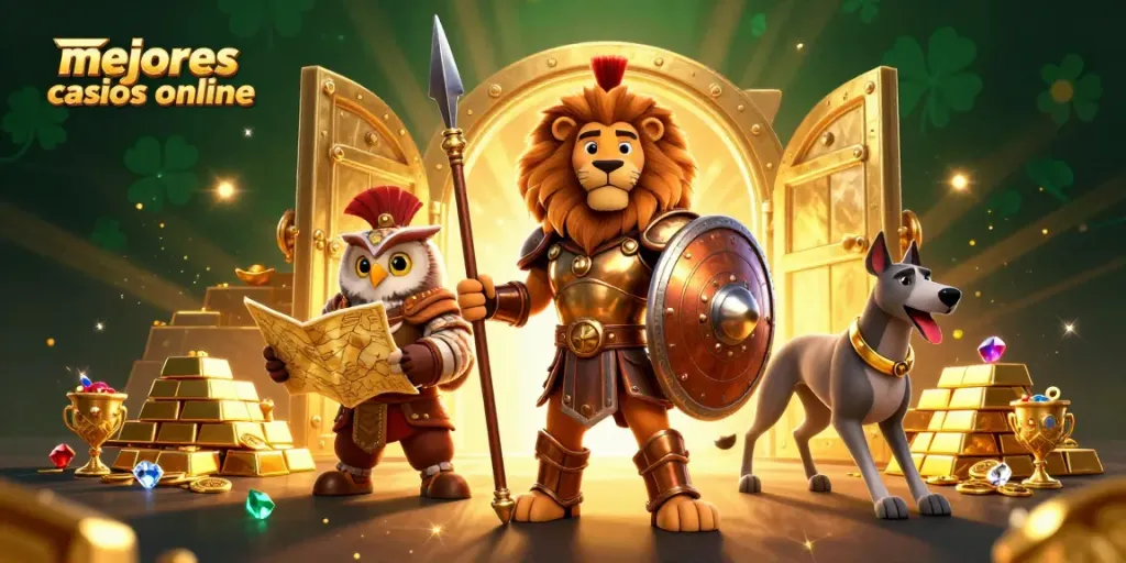 Encuentra los mejores casinos online con una emocionante ilustración de un león espartano y tesoros brillantes.