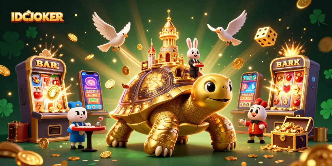 IDCJOKER players experiencing thrilling jackpot wins with a giant tortoise and a rabbit dealer at a vibrant casino scene