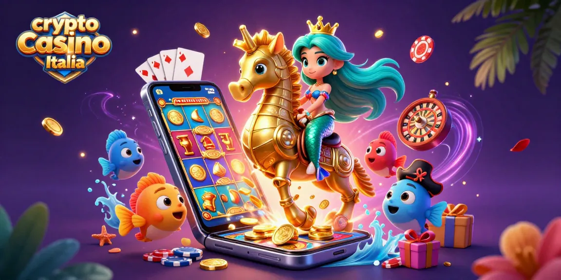 Gioca nei migliori crypto casino Italia con la principessa sirena e il suo cavalluccio marino in un'illustrazione accattivante.