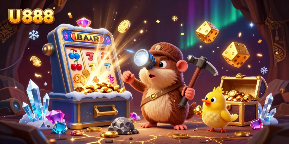 Experience U 888 excitement with a treasure hunter celebrating jackpots and casino games.
