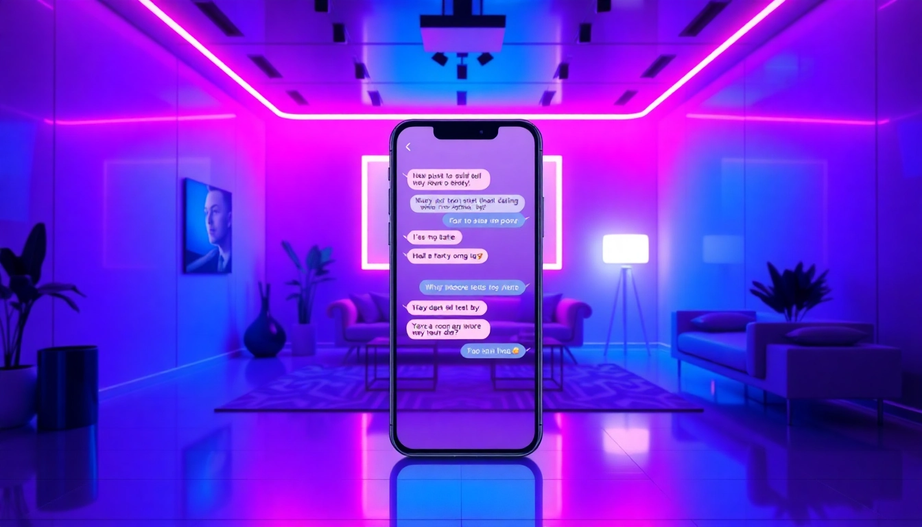 Engaging scene of AI sexting with a futuristic chat interface and vibrant neon lighting.