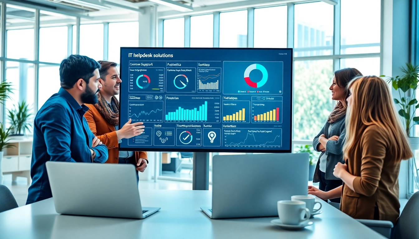 Engaging IT Helpdesk Solutions team discussing analytics and support metrics in a modern office.