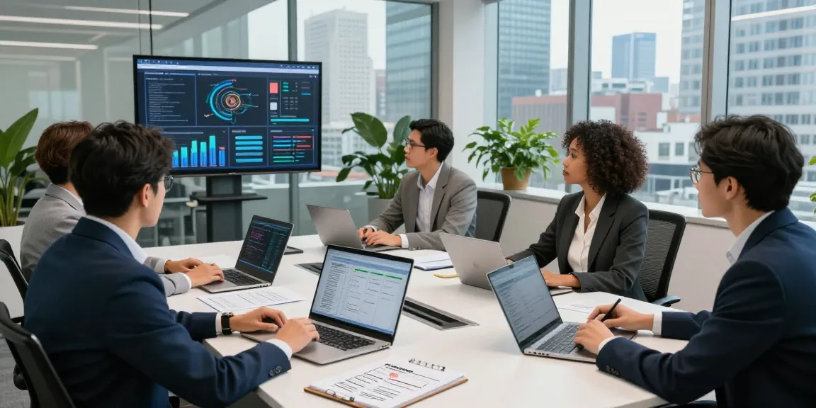 Team collaborating to detect AI images during a meeting in a modern office, showcasing AI moderation tools and analytics.