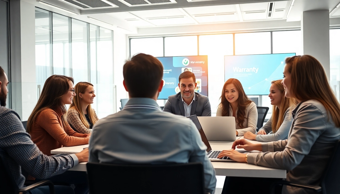 Engaging team discussing strategies for a digital first warranty company in a modern office.