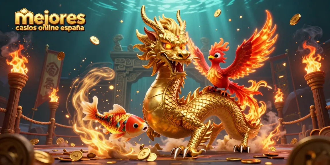 Disfruta de los mejores casinos online en España mientras un dragón dorado y un pez koi saltan entre monedas.