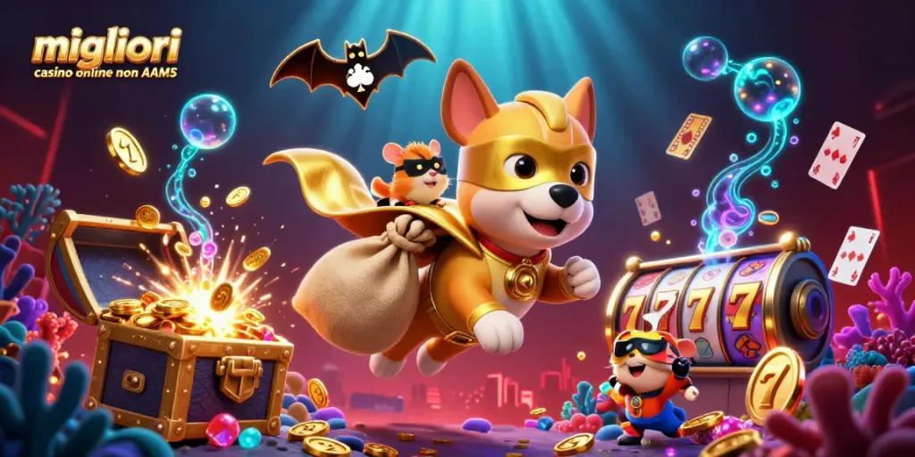 I migliori casino online non AAMS, un cane supereroe e un criceto in un'atmosfera di gioco incantevole con monete d'oro esplodenti.