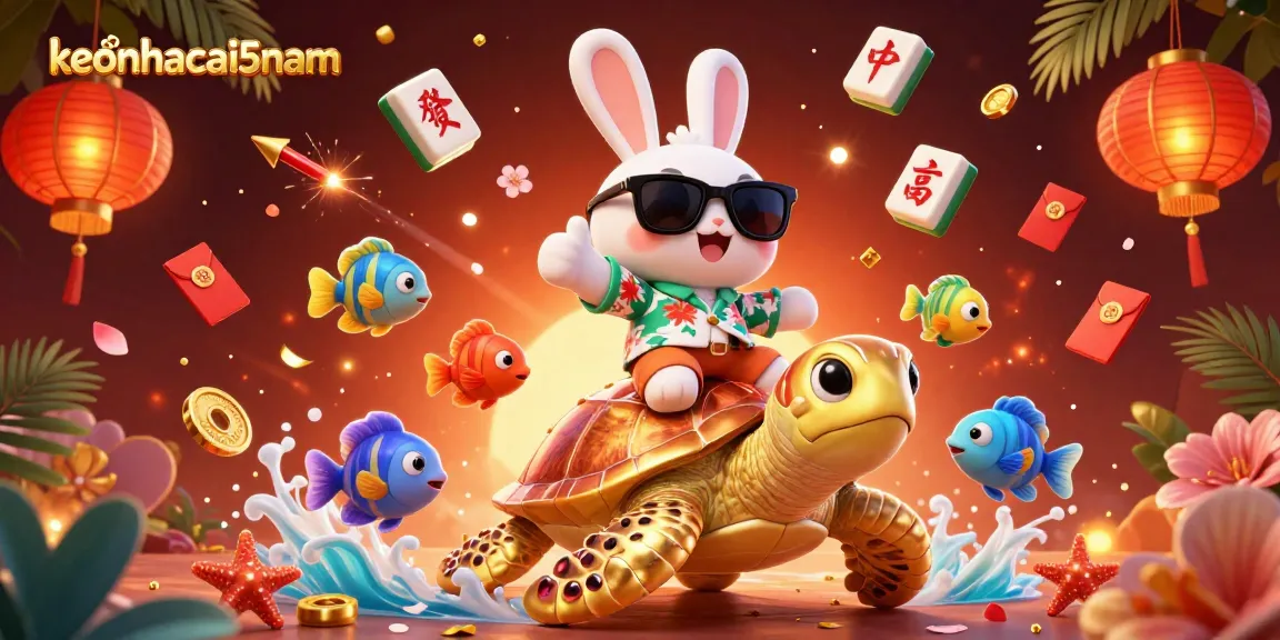 Engage with keonhacai5nam's dynamic gaming world through a vibrant 3D illustration of a lucky rabbit and golden turtle.