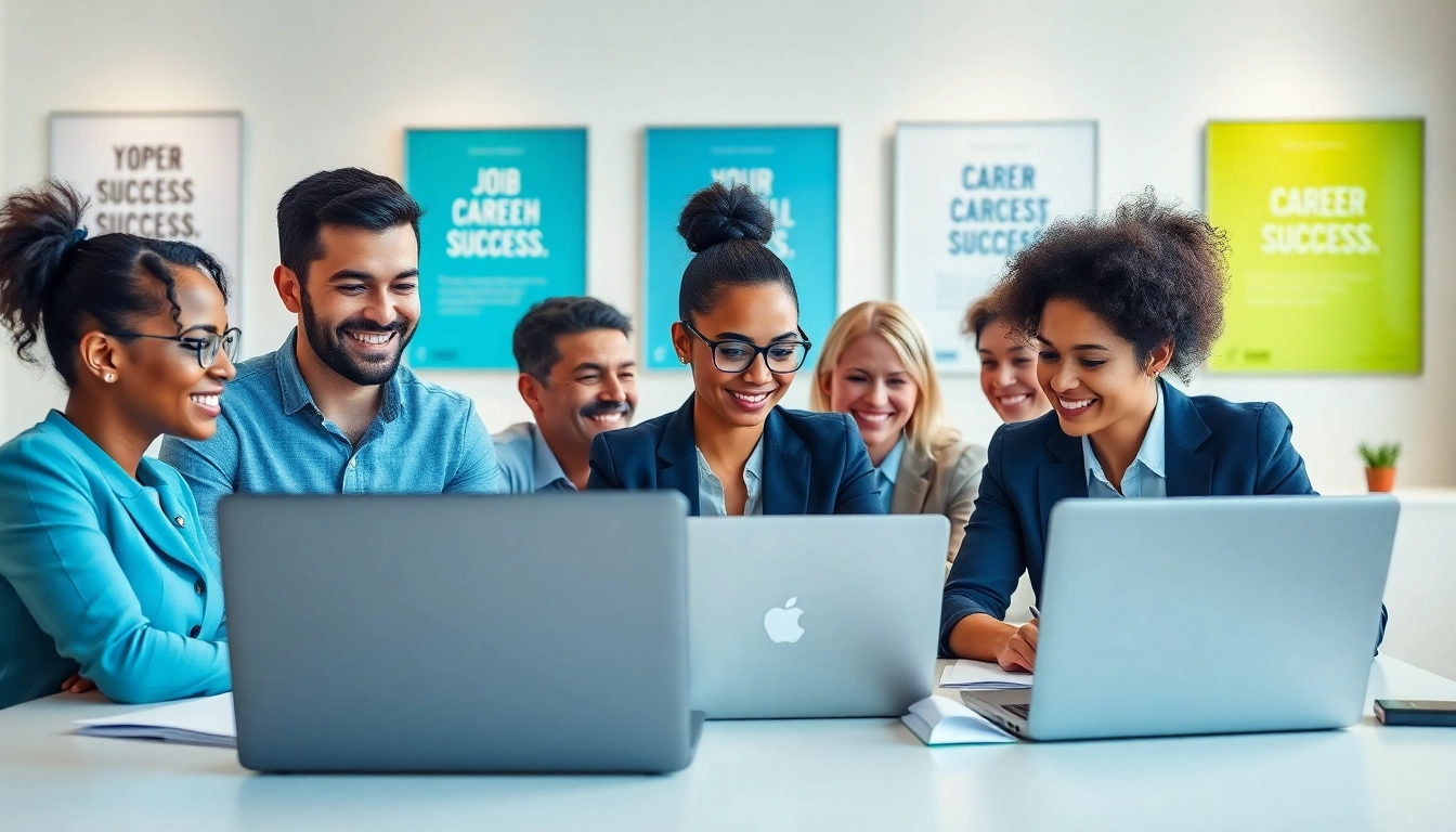 Job Help: Diverse job seekers collaborating in a professional office environment.