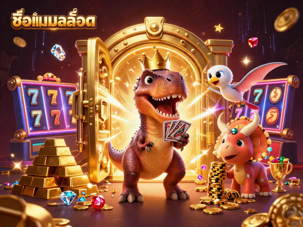 Experience the vibrant world of ชื่อเกมสล็อต with a T-Rex shuffling cards, vibrant gems, and neon slots.