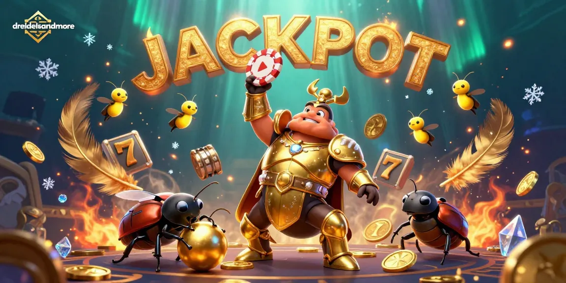 Experience exciting gambling at dreidelsandmore with a vibrant cartoon casino scene featuring beetles and jackpots!