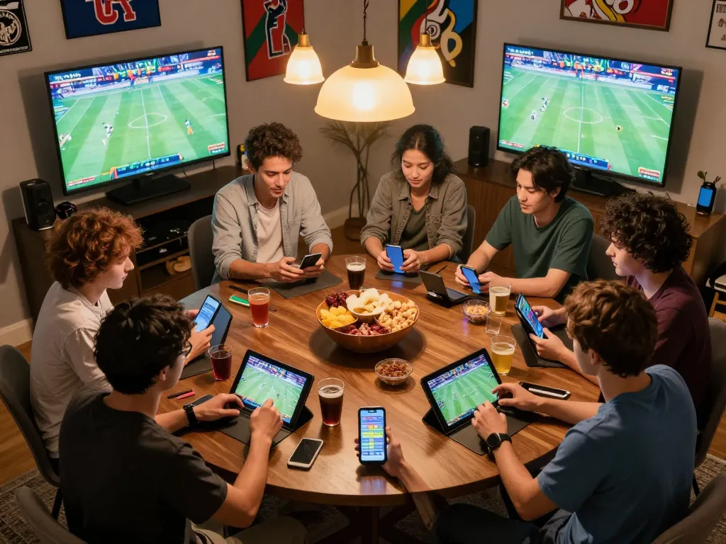 Friends enjoying a lively sports betting session at home with gg88com displayed on their devices.