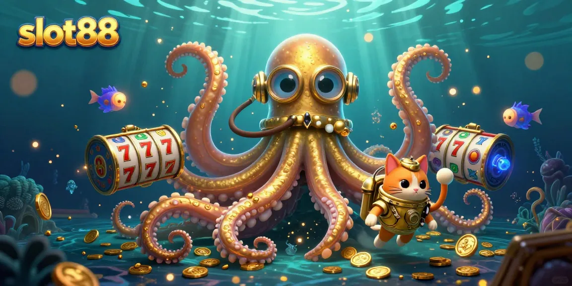 Spin the slot88 reels amidst a vibrant underwater scene featuring a kraken and diving cat.