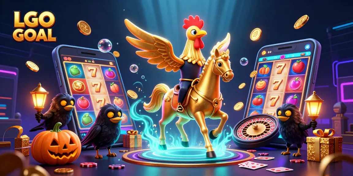 LGO GOAL presents a vibrant scene with a golden rooster and spectral horse amidst dynamic casino elements.