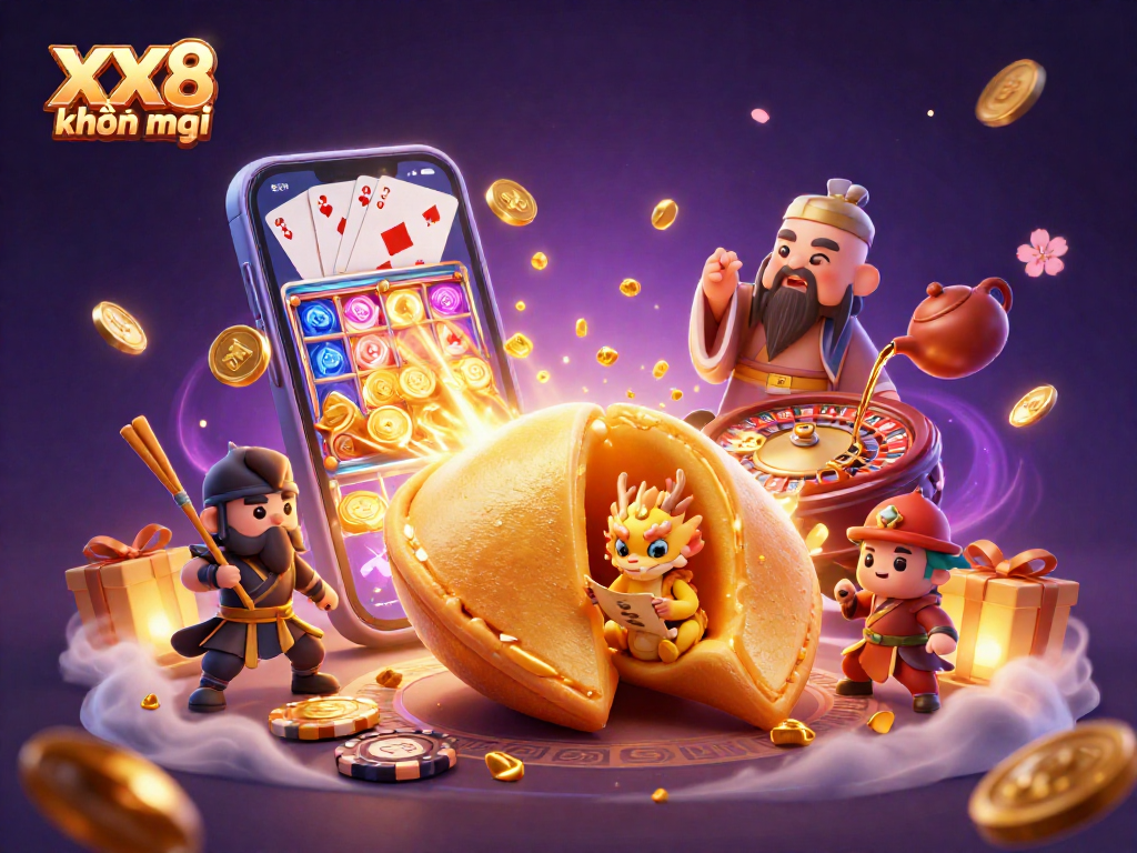 Engage with the exciting XX8 khuyến mãi featuring a vibrant 3D casino scene full of animated characters and casino elements.