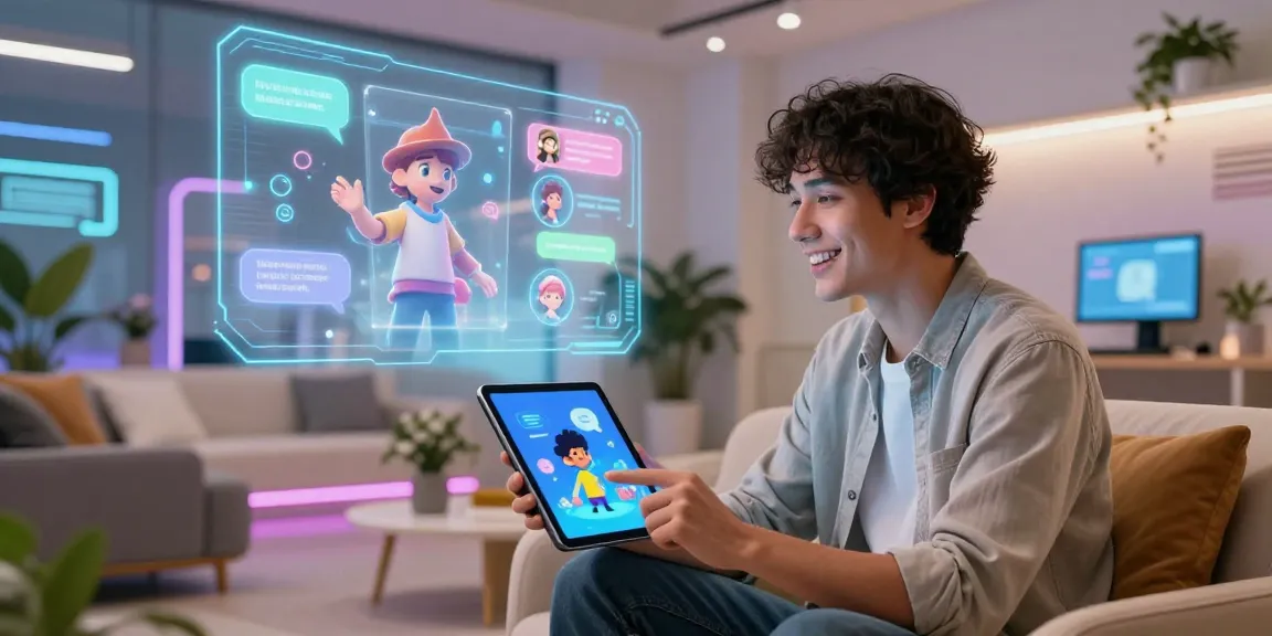 User engaging with CrushonAI character on tablet in a modern tech space with vibrant holographic elements.