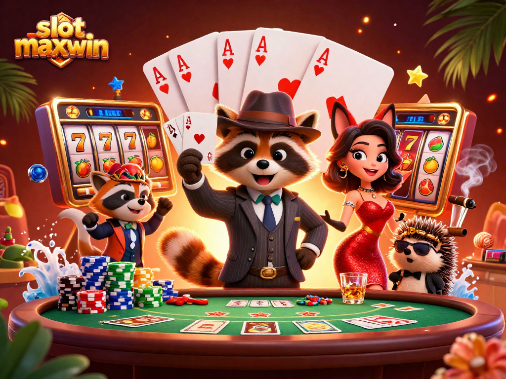 Experience excitement with slot maxwin as raccoon and fox celebrate a big win at the casino.