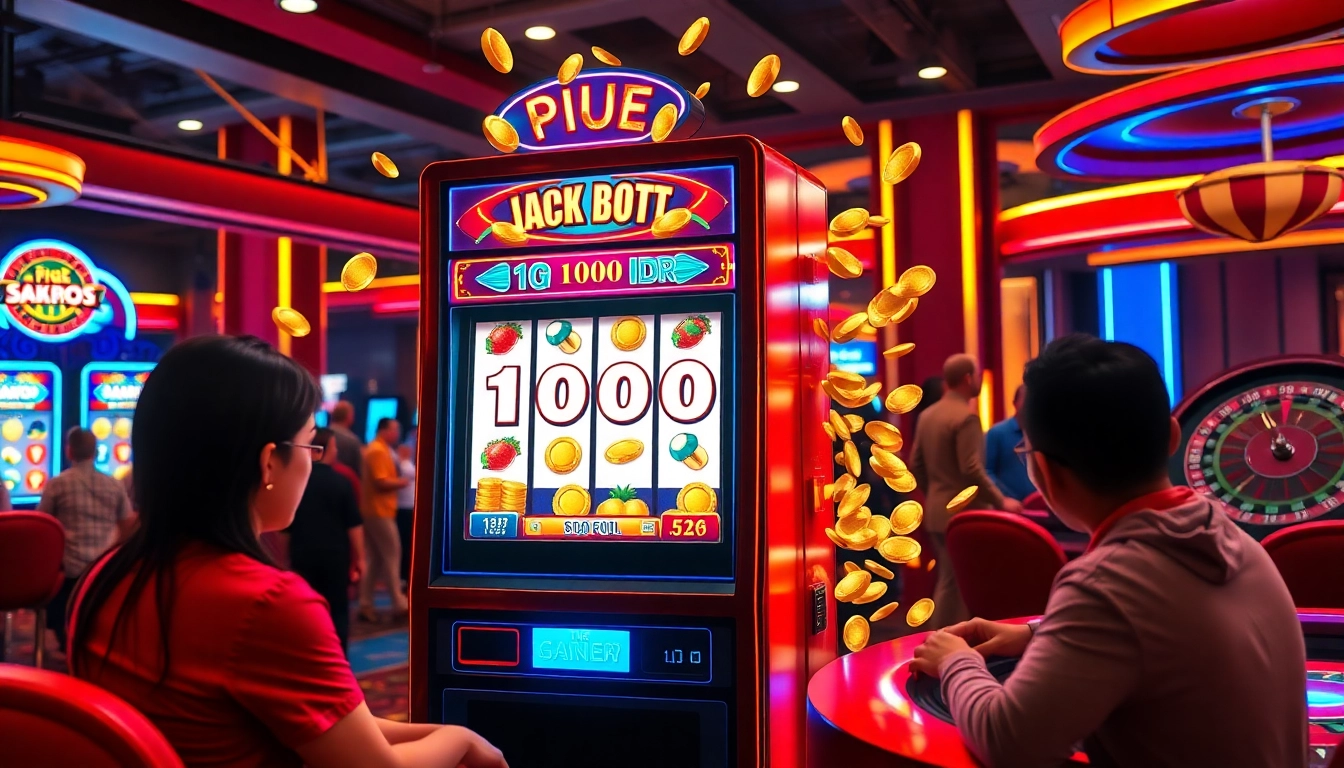 Pemain menikmati momen mendebarkan di mesin slot Depo 1K, merayakan kemenangan jackpot besar.