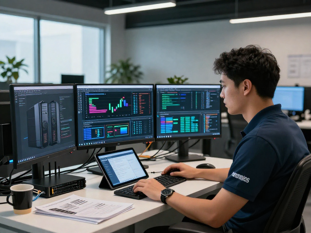 Servers VPS Windows en México monitoring in a modern data center with dual monitors displaying metrics and performance stats.