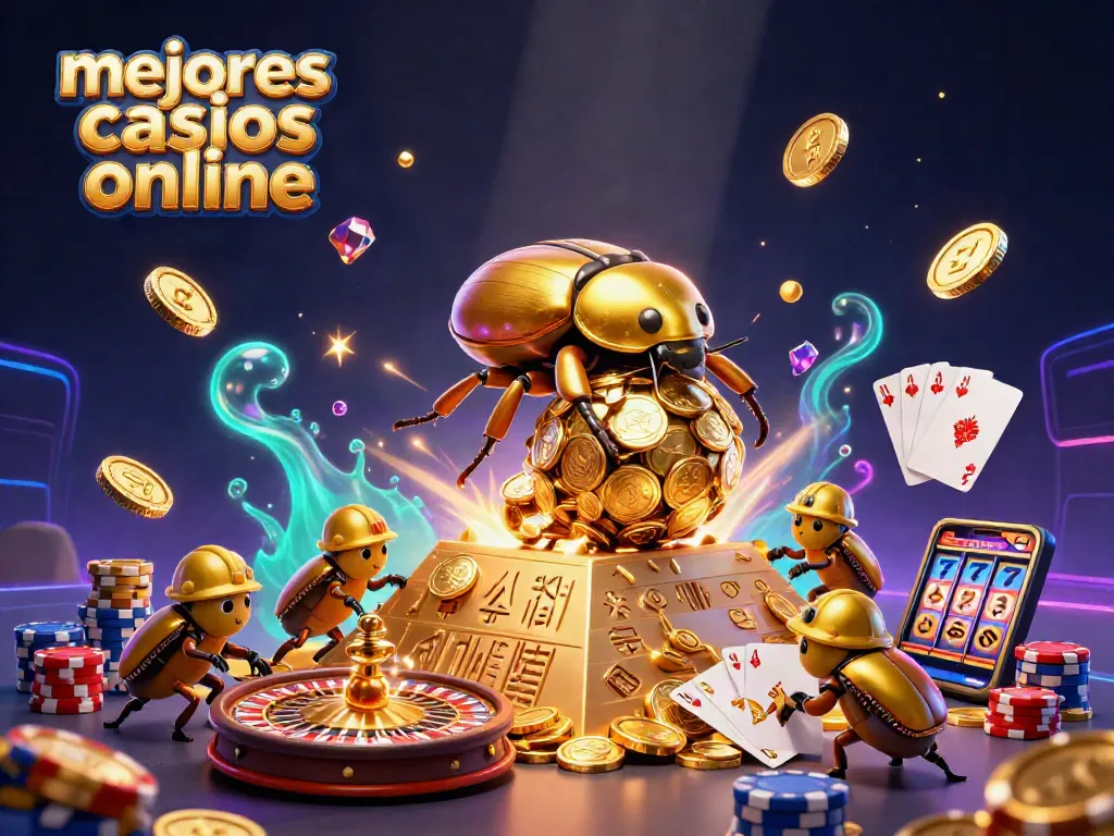 Disfruta de los mejores casinos online con una ilustración excepcional de un escarabajo dorado y símbolos de juego.