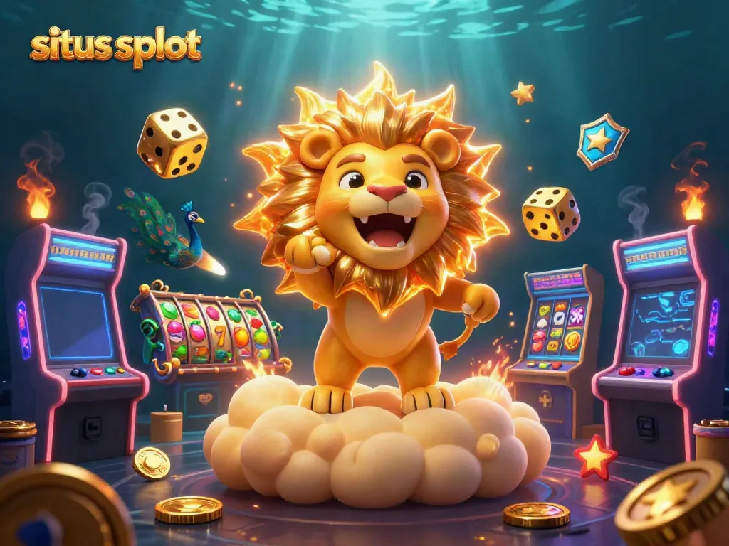 Situs slot themed vibrant 3D cartoon image showcasing a roaring golden sun lion amidst slot reels and dynamic casino elements.