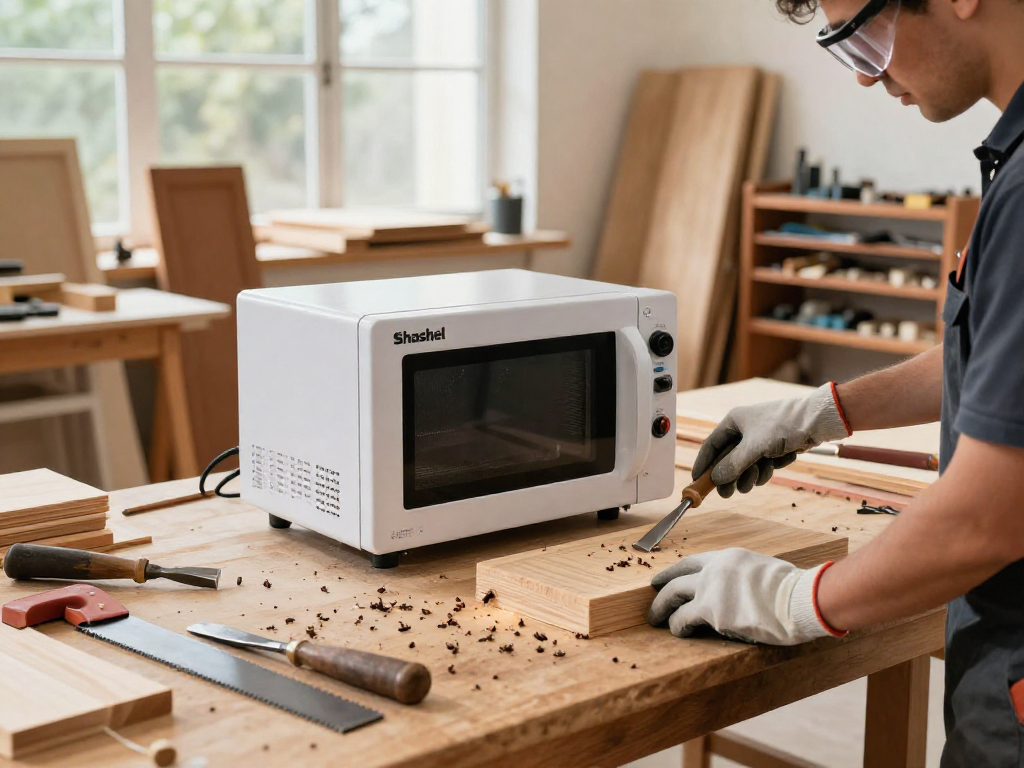 Shashel's effective pest control technology in action, eliminating wood-boring beetles in a modern woodworking workshop.