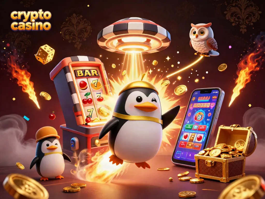 Gioca nel crypto casino con un pinguino dorato che vola nello spazio, circondato da simboli di vincita.