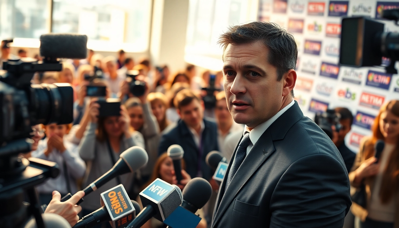Capture news reporting essence with a journalist actively reporting at a press conference.