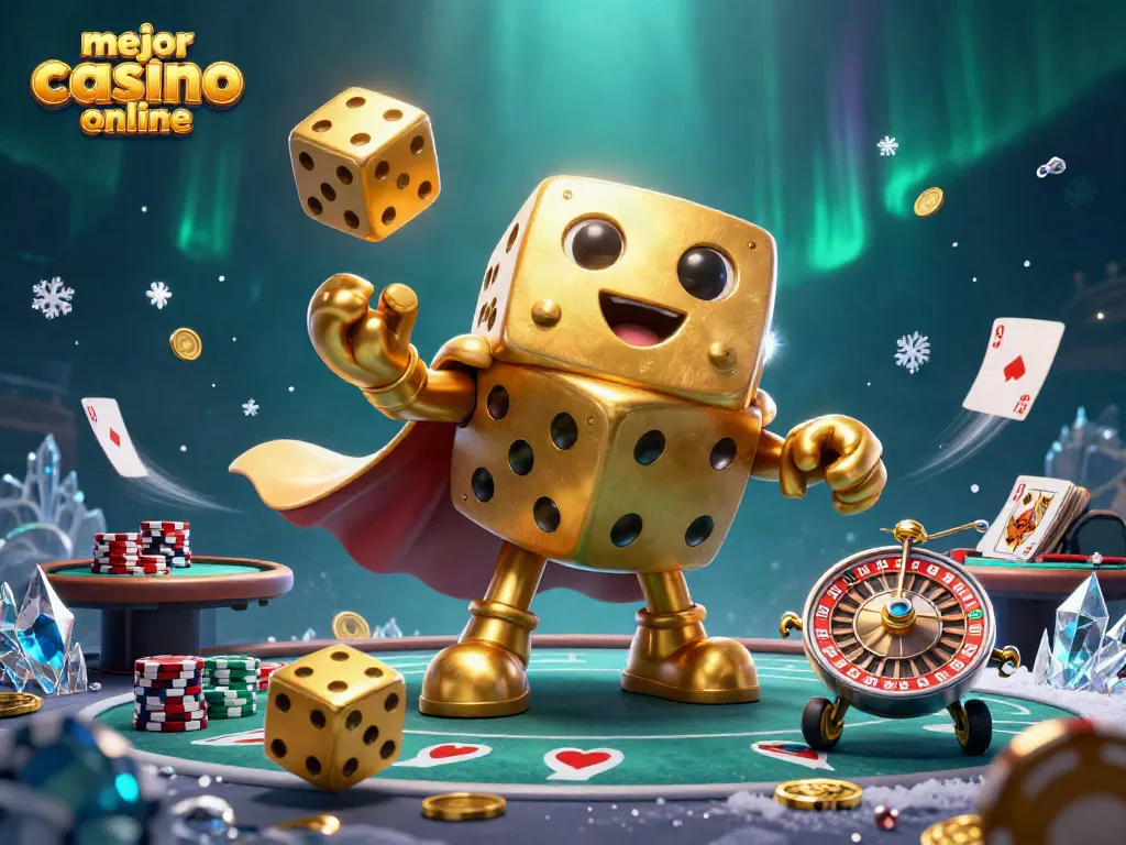 Explora el mejor casino online con esta ilustración 3D de un golem de dados dorados y emoción del póker.