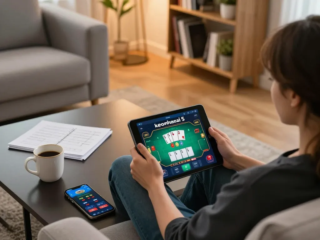 Engaging online poker session on keonhacai 5 platform featuring tablet screen, betting notes, and cozy home setup.
