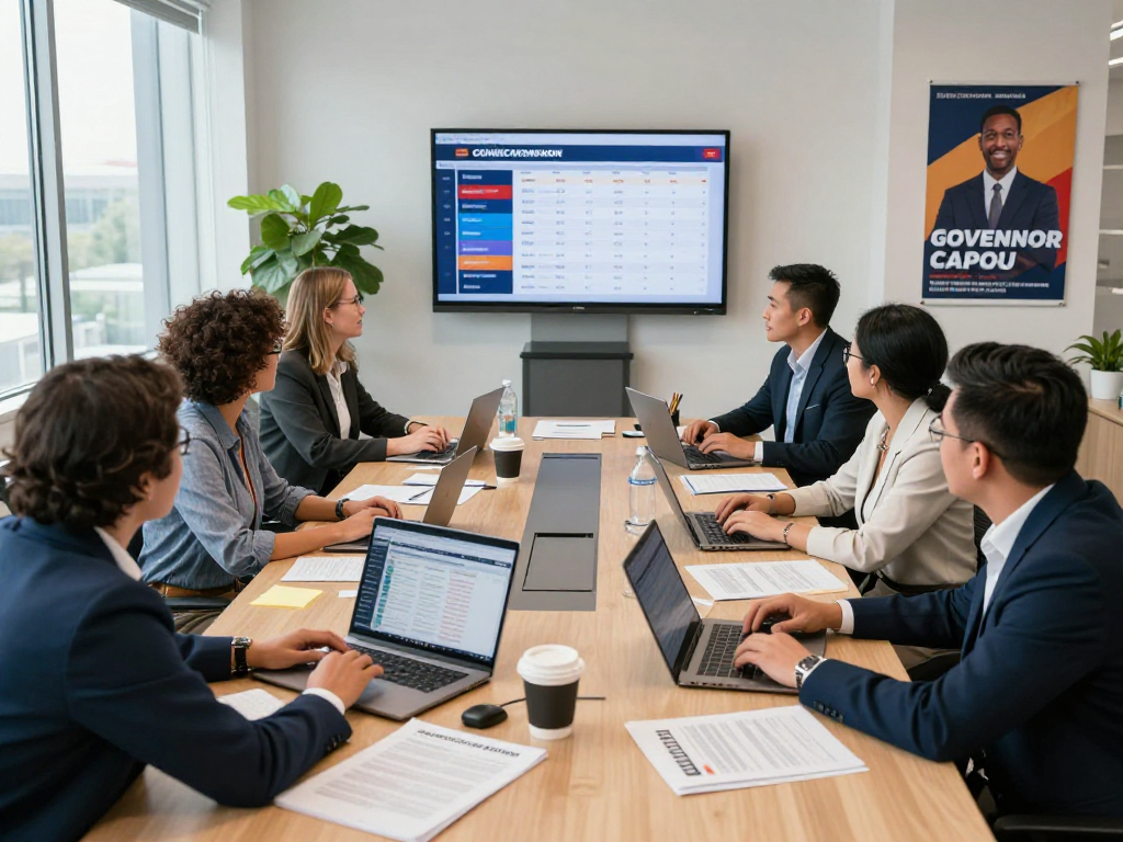 Governor campaign marketing agency team strategizing in a modern office, engaging with analytics and campaign materials.